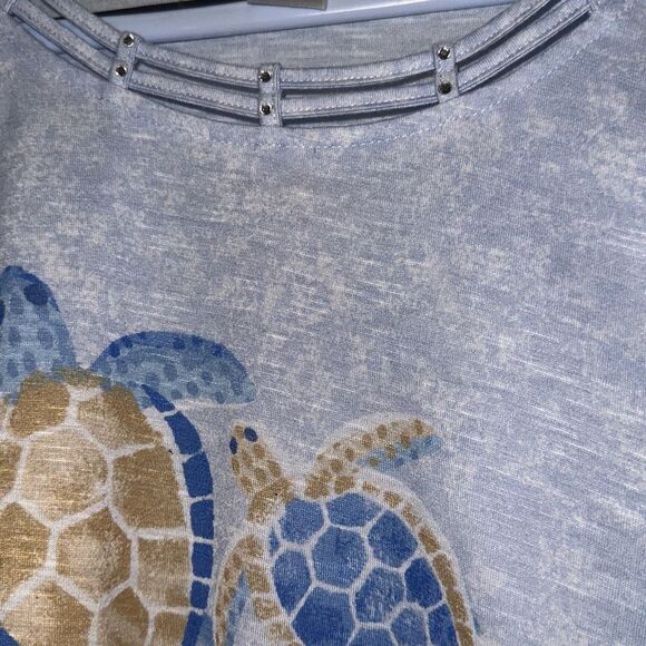Alfred Dunner Heather Blue Swimming Turtle 3/4 Sleeves Top Ladies Size Large - Picture 11 of 11